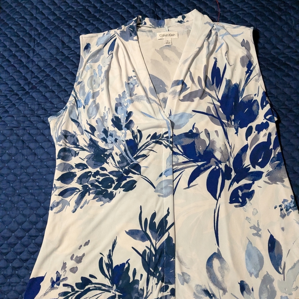 Calvin Klein White Sleeveless V-Neck Top with Blue Floral Print